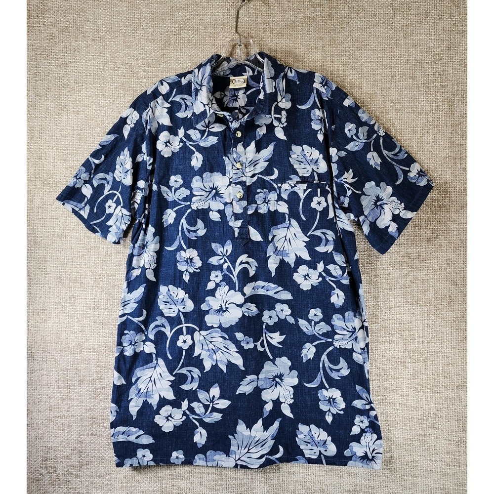 Go Barefoot 1/2 Button Hawaiian Shirt Mens XL Tall Blue Cotton Tropical USA Made